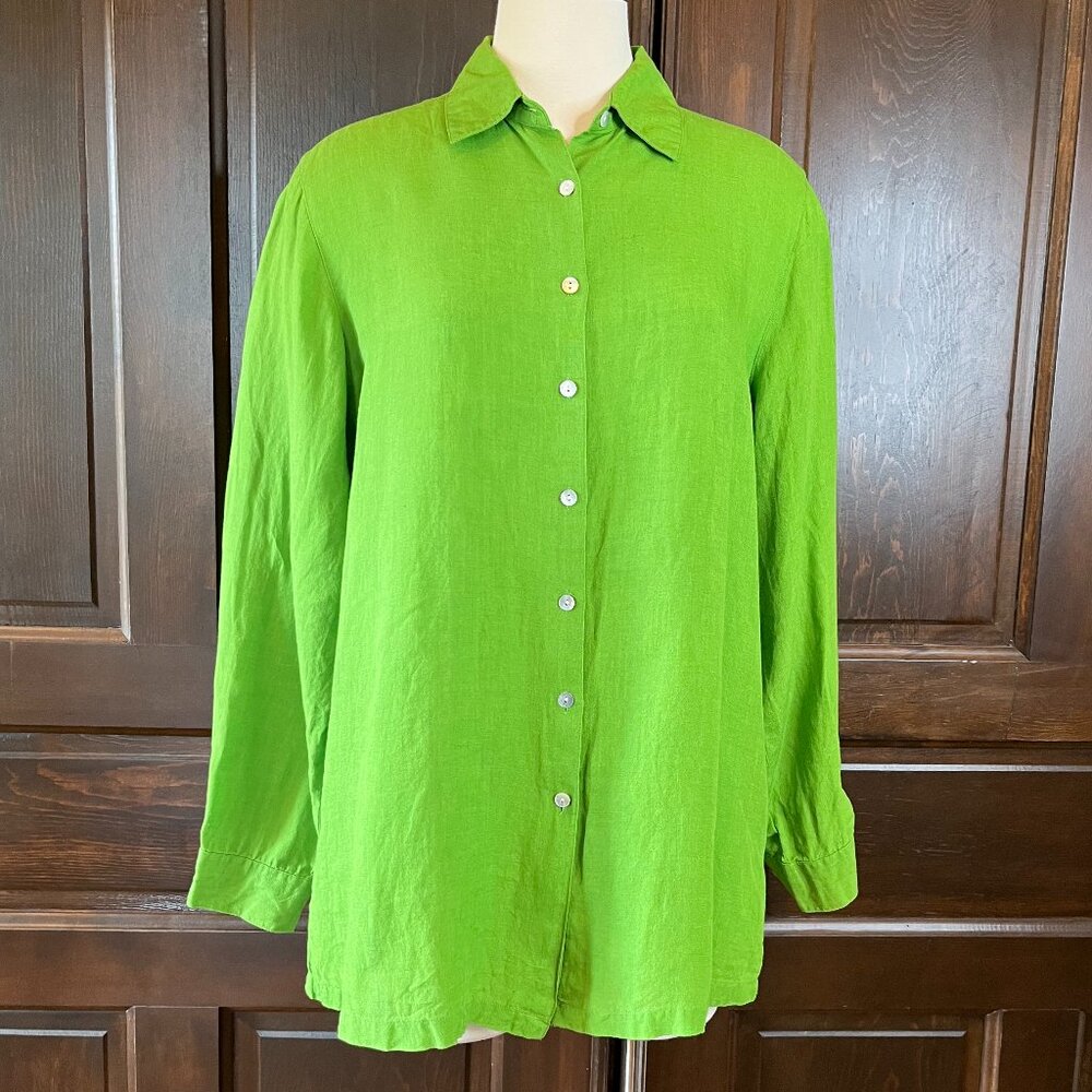 August Max Woman Plus Size X 100% Linen Shirt Button Up Long Sleeve Bright Green